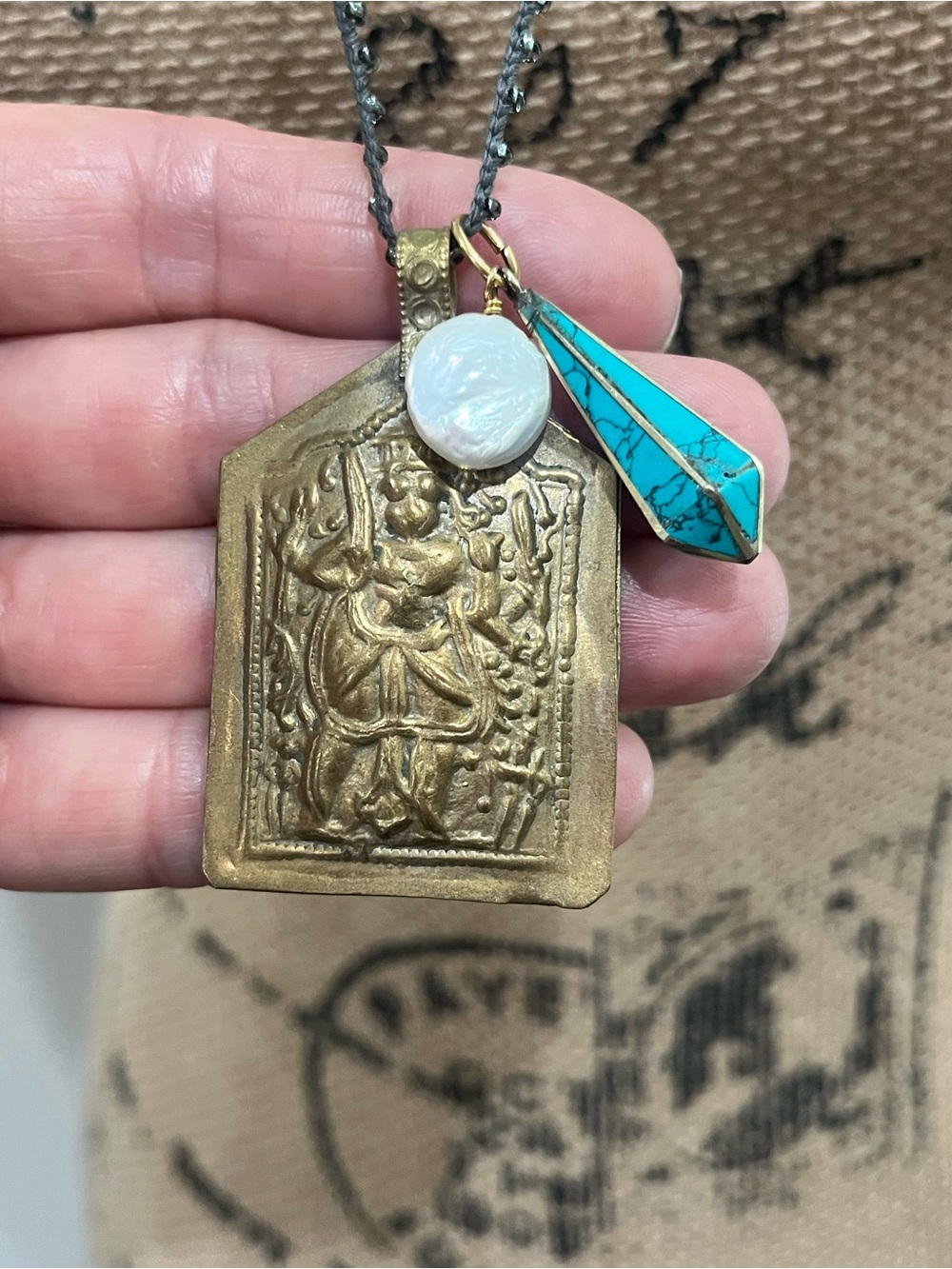 NWT $68 Julio Designs Brass Hindu monkey pendant w/ turquoise and pearl beads